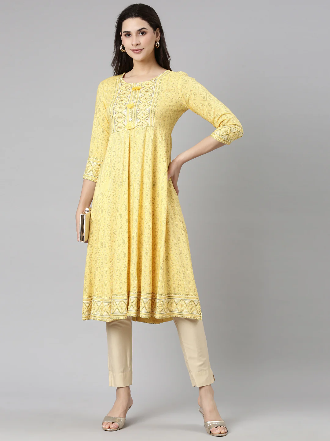 Neerus Yellow Panelled Anarkali Floral Kurta
