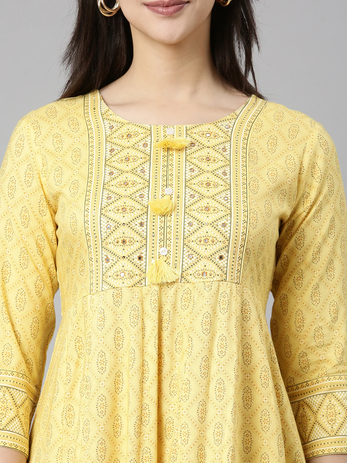 Neerus Yellow Panelled Anarkali Floral Kurta - Image 2