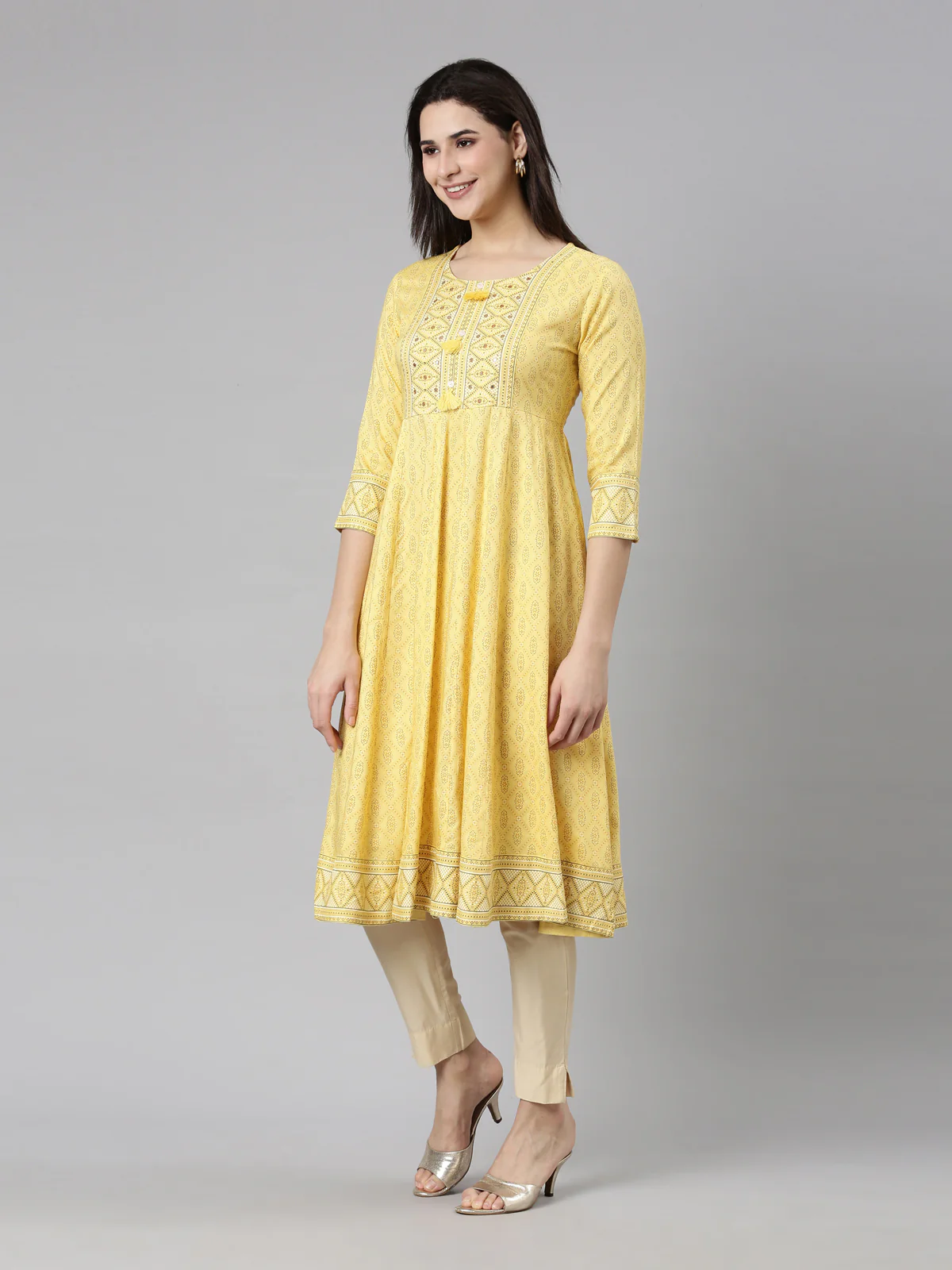 Neerus Yellow Panelled Anarkali Floral Kurta - Image 3