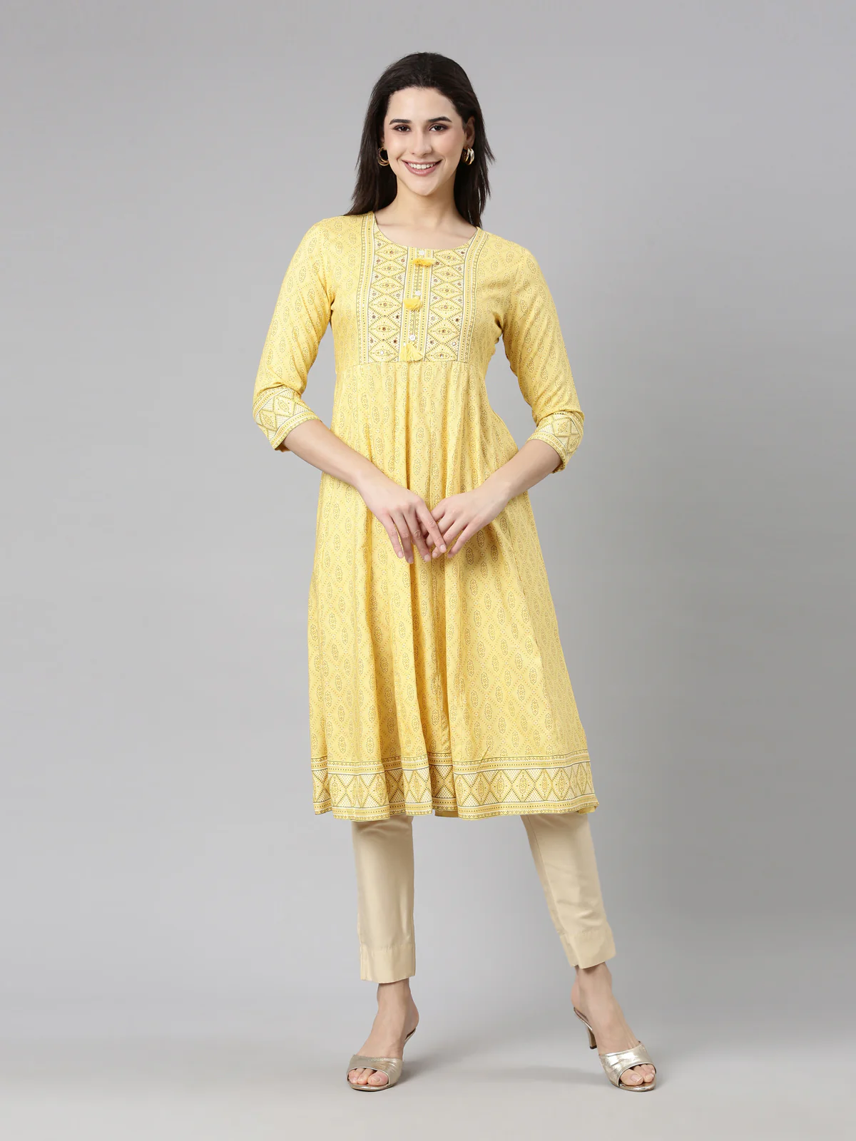 Neerus Yellow Panelled Anarkali Floral Kurta - Image 6