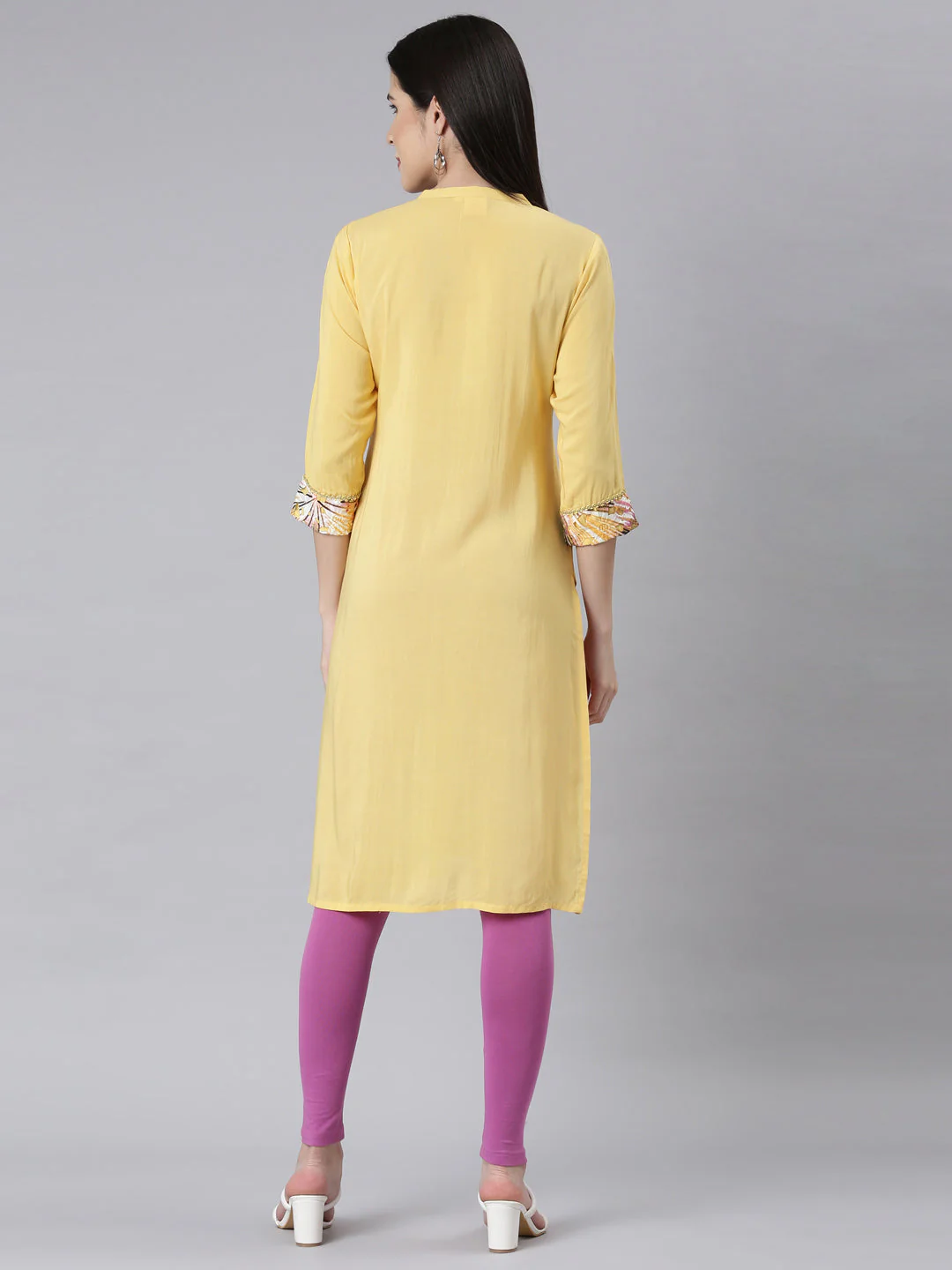 Neerus Yellow Panelled Straight Embellished Kurta - Image 3