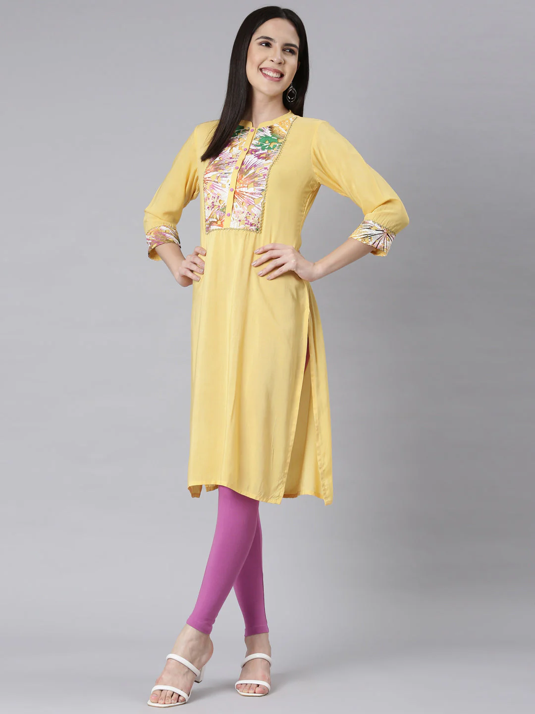 Neerus Yellow Panelled Straight Embellished Kurta - Image 4