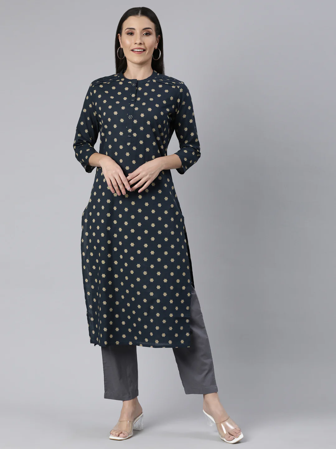 Neerus Yellow Panelled Straight Floral Kurta