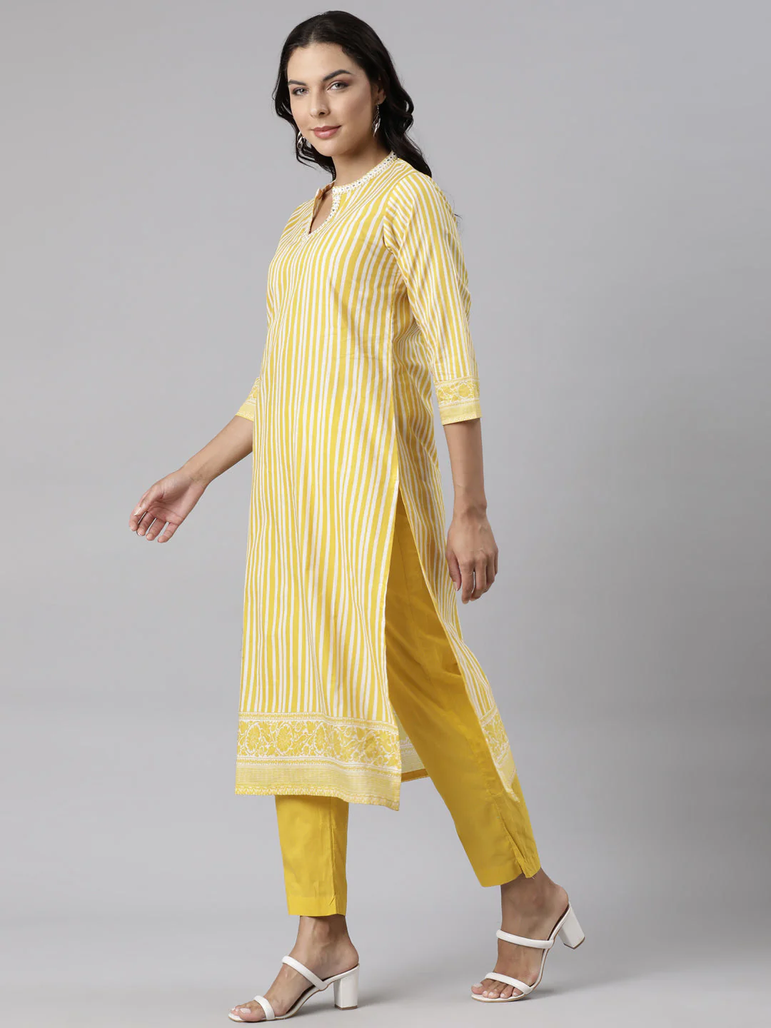 Neerus Yellow Panelled Straight Printed Kurta And Trousers With Dupatta - Image 2