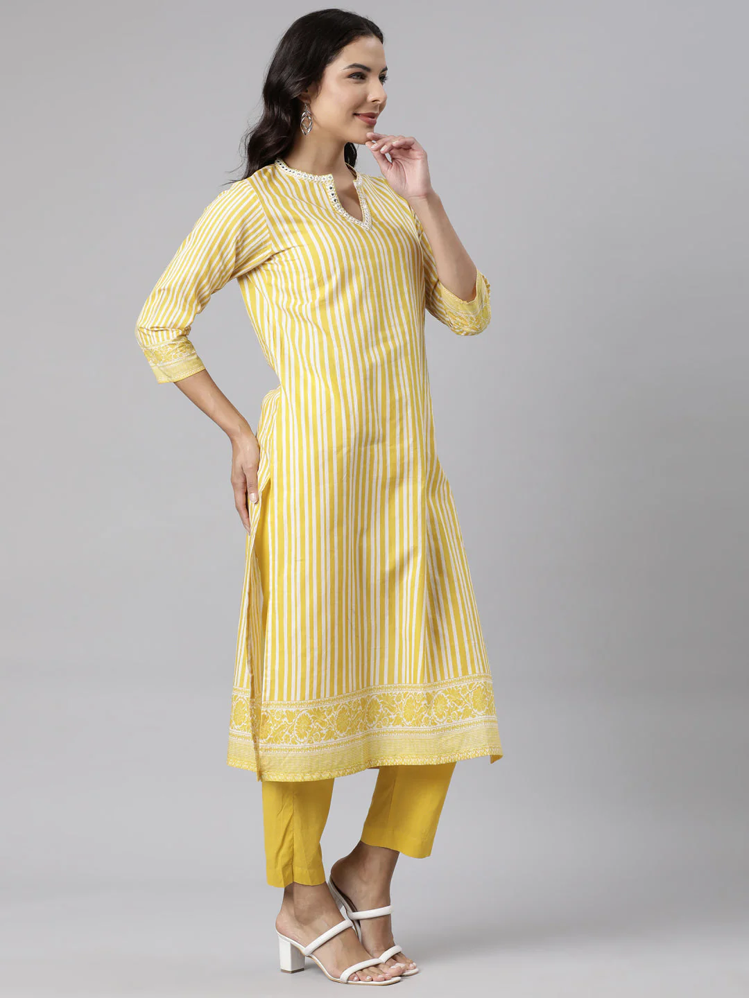 Neerus Yellow Panelled Straight Printed Kurta And Trousers With Dupatta - Image 3