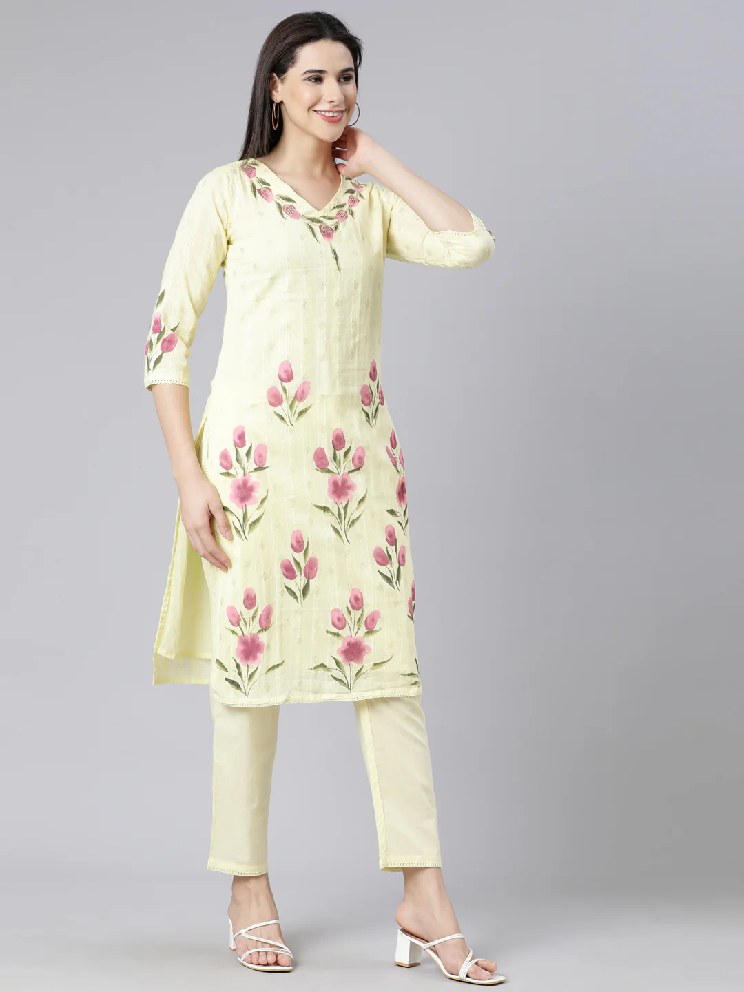 Neerus Yellow Panelled Straight Printed Kurta And Trousers With Dupatta - Image 3