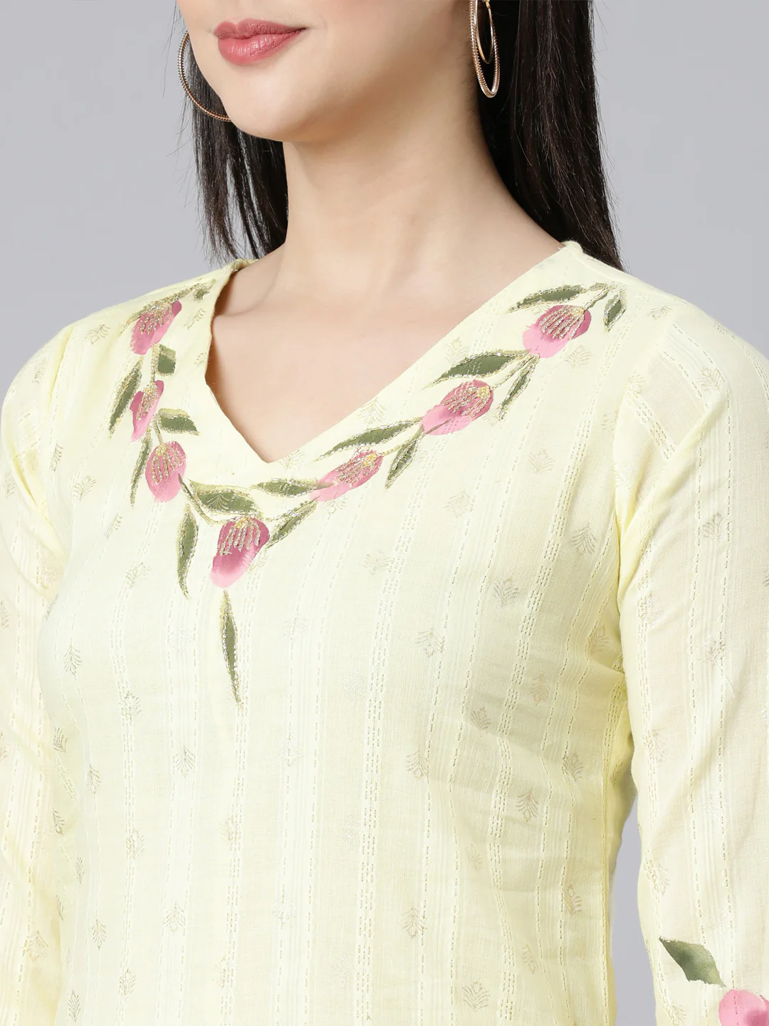 Neerus Yellow Panelled Straight Printed Kurta And Trousers With Dupatta - Image 5