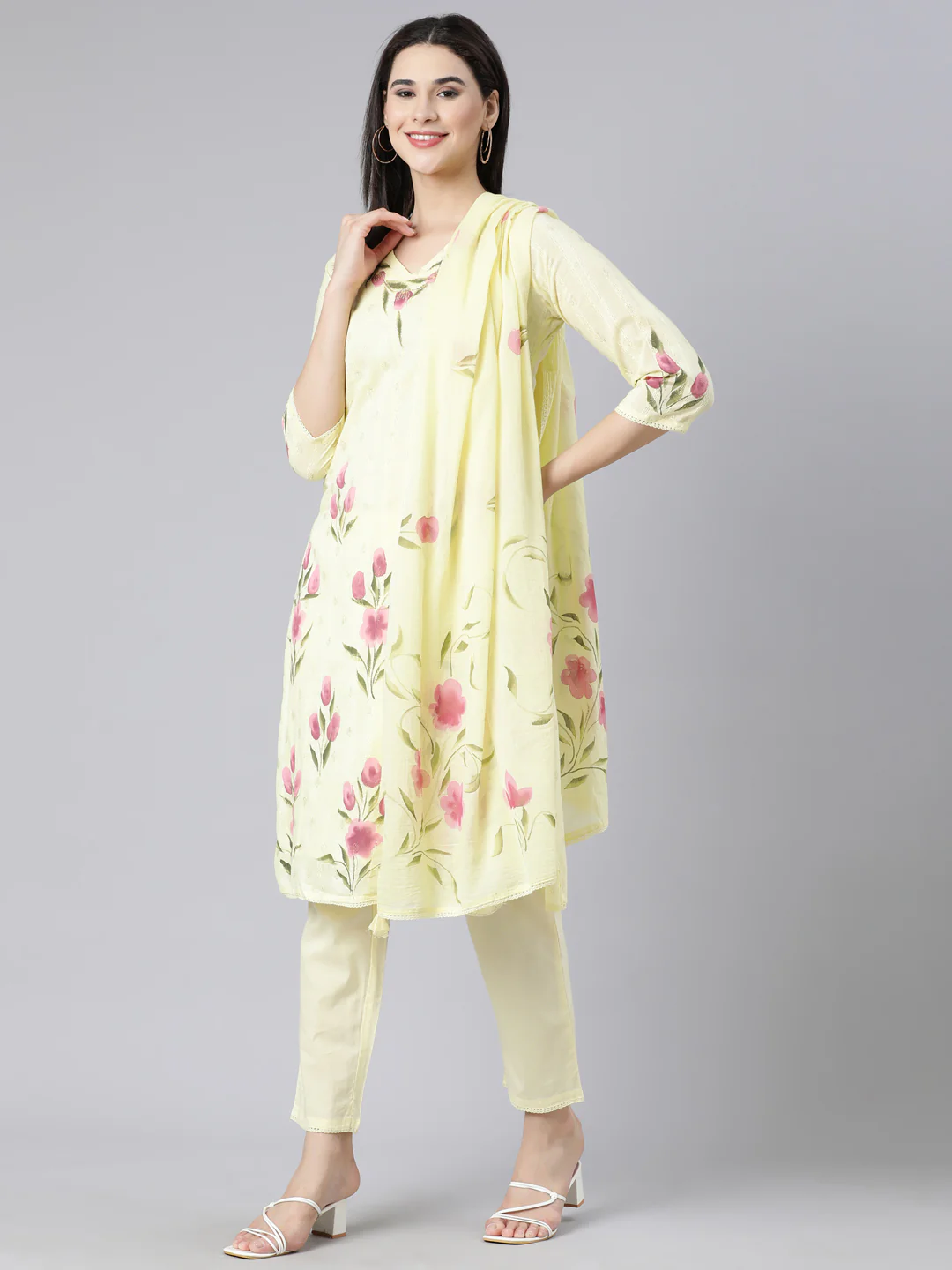 Neerus Yellow Panelled Straight Printed Kurta And Trousers With Dupatta - Image 6