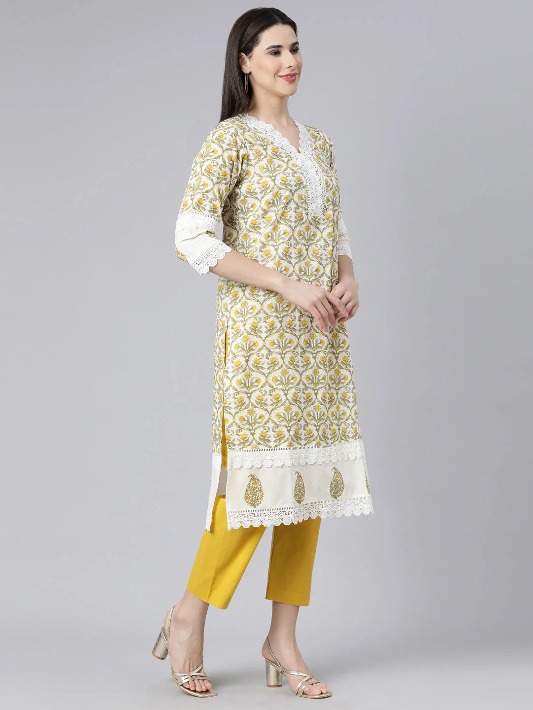 Neerus Yellow Panelled Straight Printed Kurta And Trousers With Dupatta - Image 3