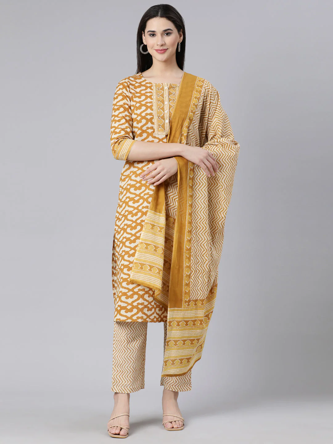 Neerus Yellow Panelled Straight Printed Kurta And Trousers With Dupatta