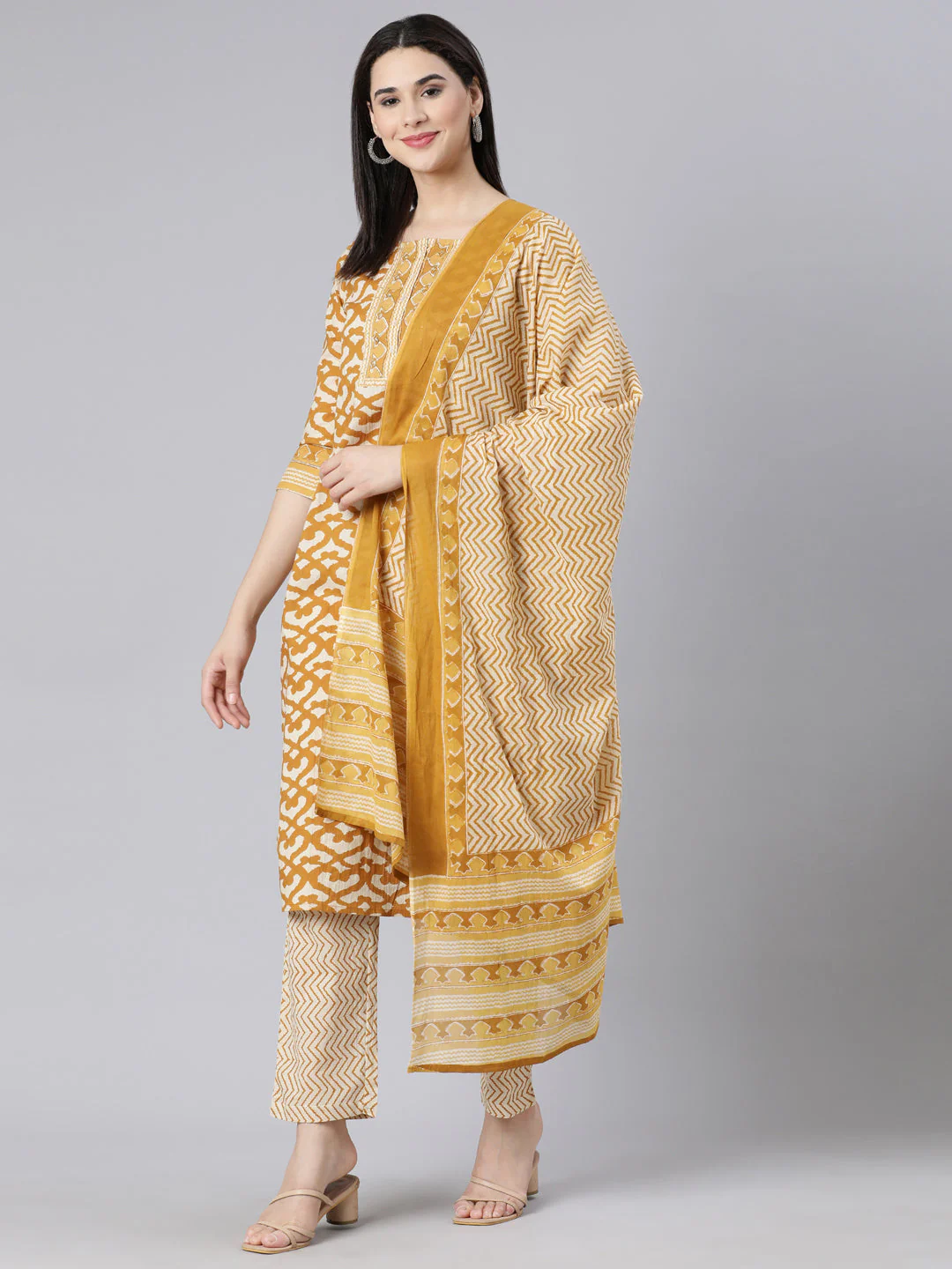 Neerus Yellow Panelled Straight Printed Kurta And Trousers With Dupatta - Image 6