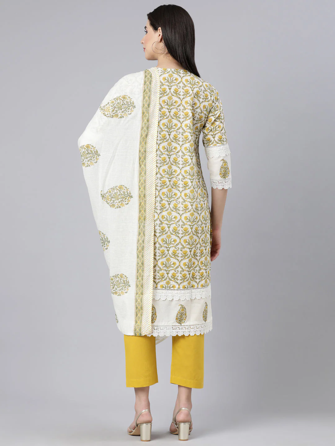 Neerus Yellow Panelled Straight Printed Kurta And Trousers With Dupatta - Image 4