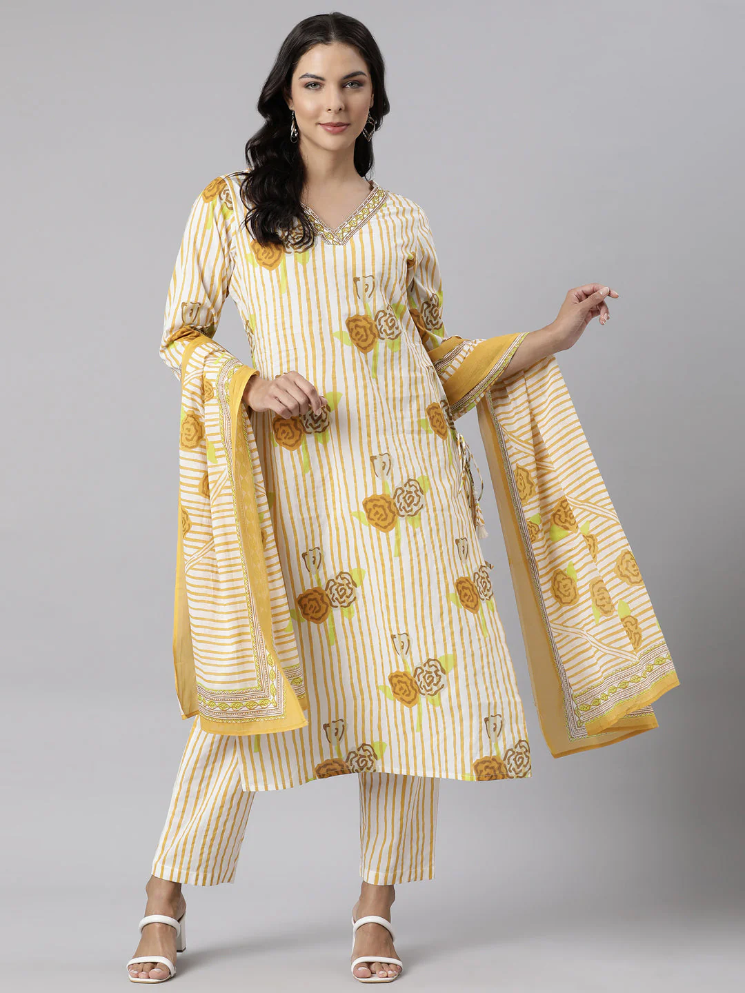 Neerus Yellow Panelled Straight Printed Kurta And Trousers With Dupatta - Image 6