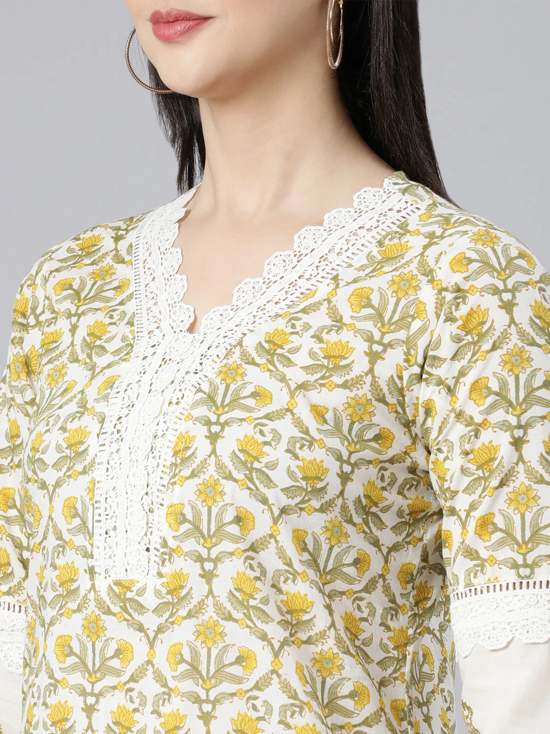 Neerus Yellow Panelled Straight Printed Kurta And Trousers With Dupatta - Image 5