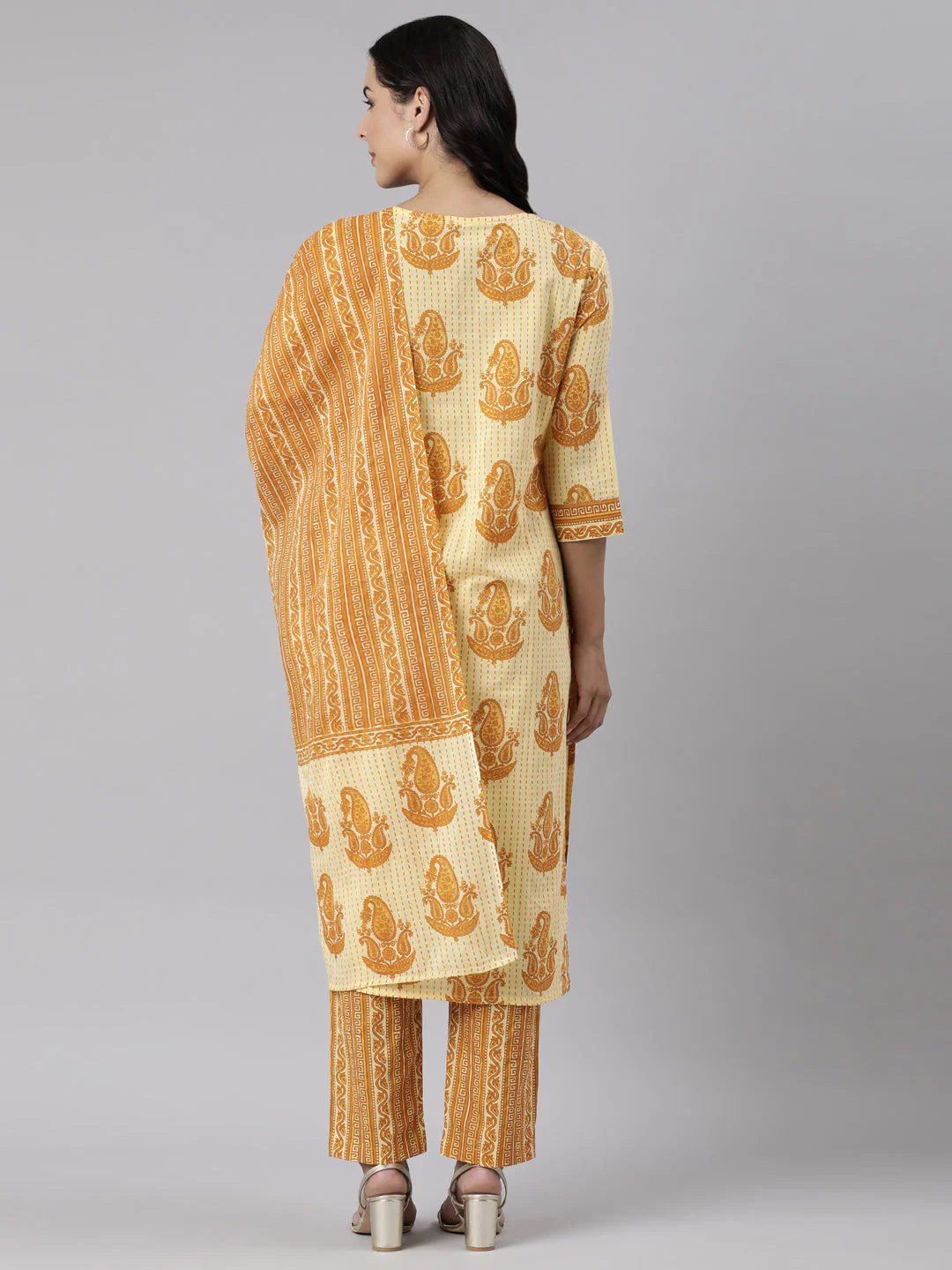 Neerus Yellow Panelled Straight Printed Kurta And Trousers With Dupatta - Image 4