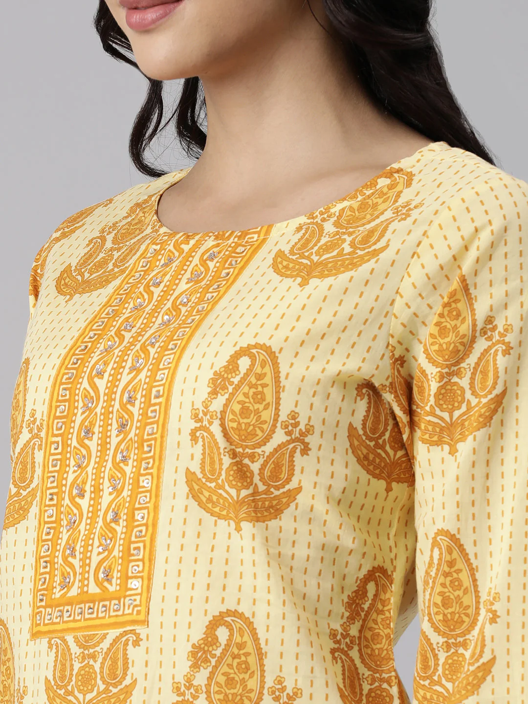 Neerus Yellow Panelled Straight Printed Kurta And Trousers With Dupatta - Image 5