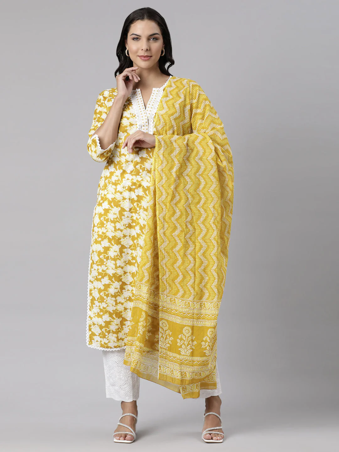 Neerus Yellow Panelled Straight Printed Kurta And Trousers With Dupatta