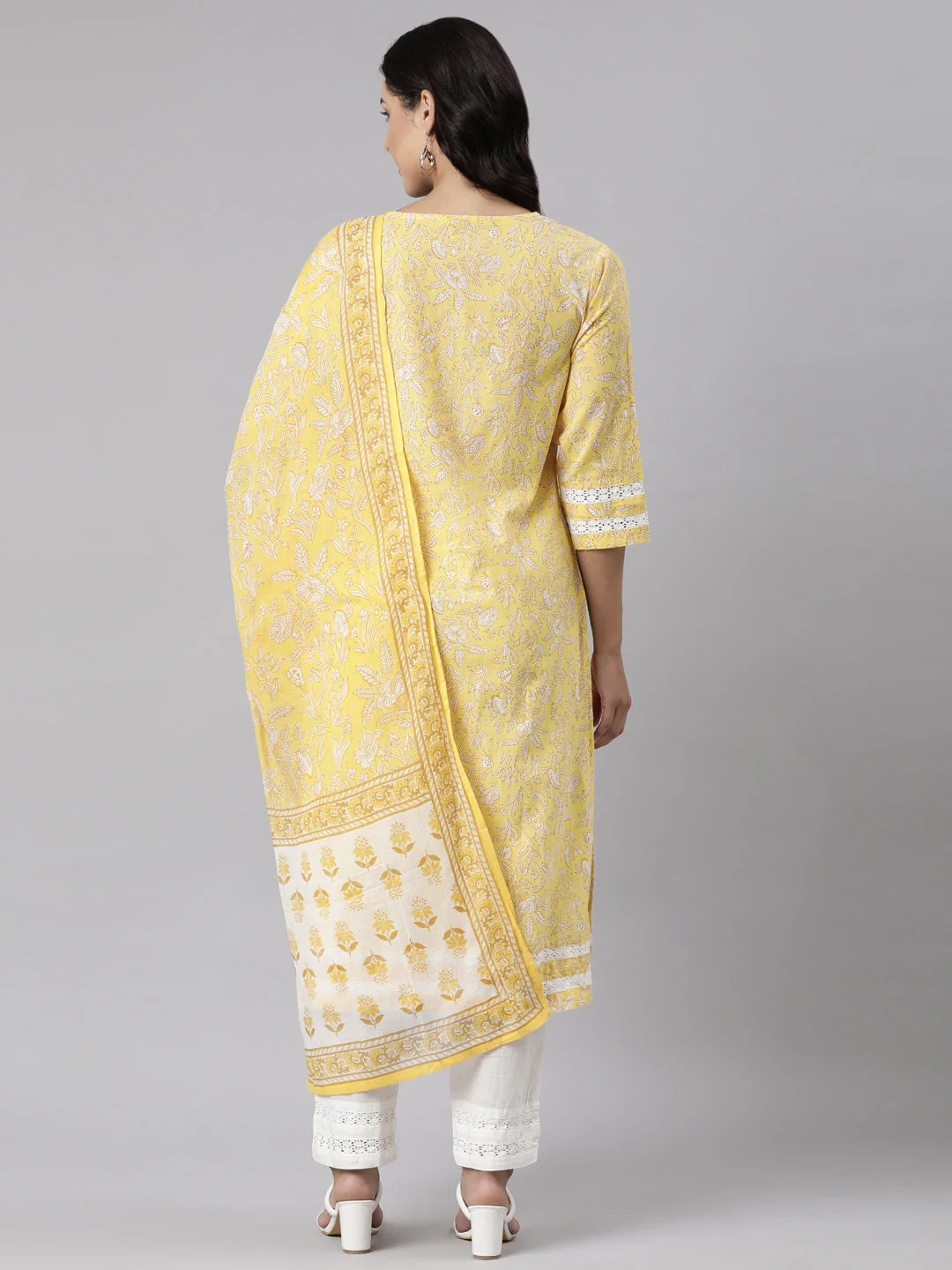 Neerus Yellow Panelled Straight Printed Kurta And Trousers With Dupatta - Image 4