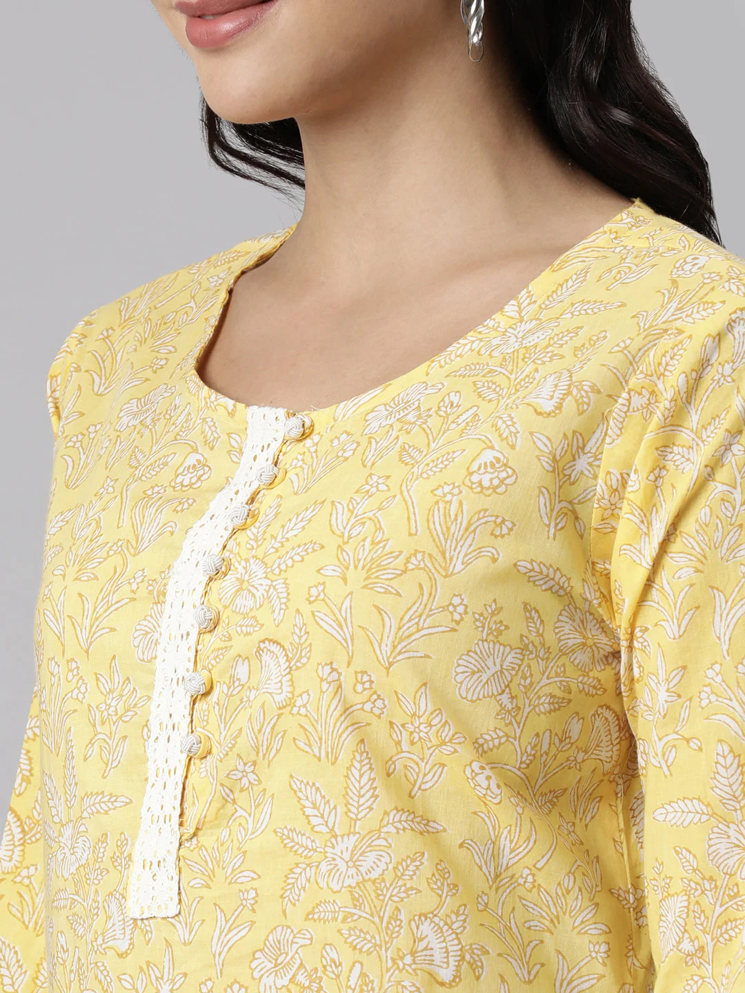 Neerus Yellow Panelled Straight Printed Kurta And Trousers With Dupatta - Image 5