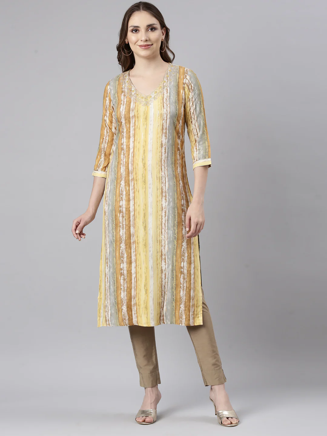 Neerus Yellow Panelled Straight Striped Kurta