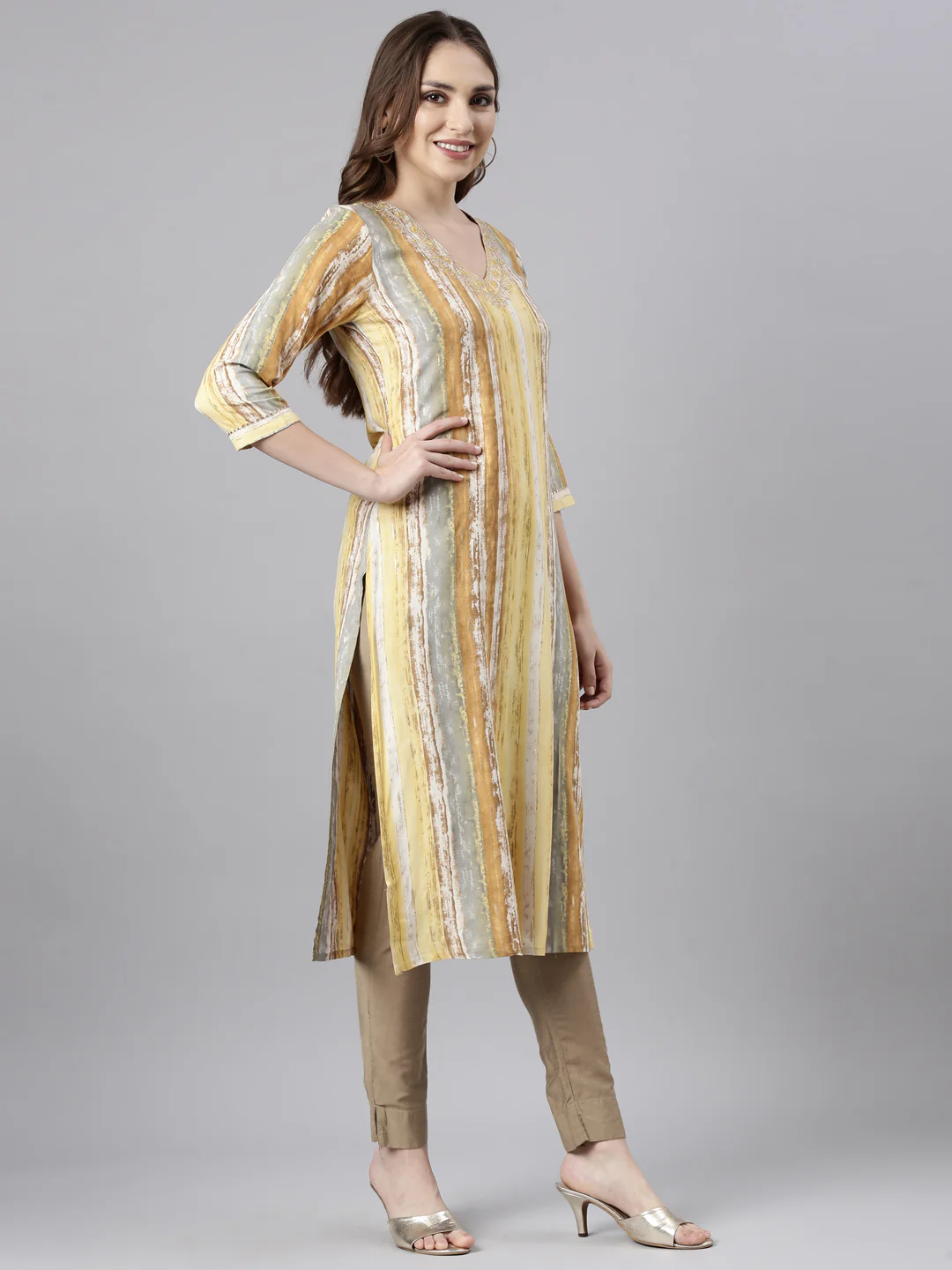 Neerus Yellow Panelled Straight Striped Kurta - Image 2