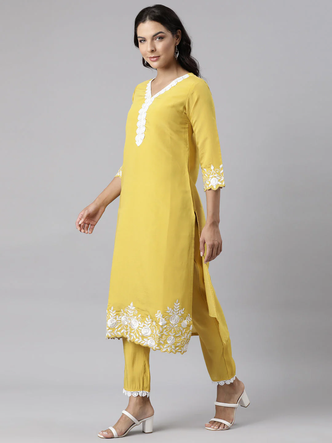 Neerus Yellow Panelled Straight Yoke Design Kurta And Trousers With Dupatta - Image 2