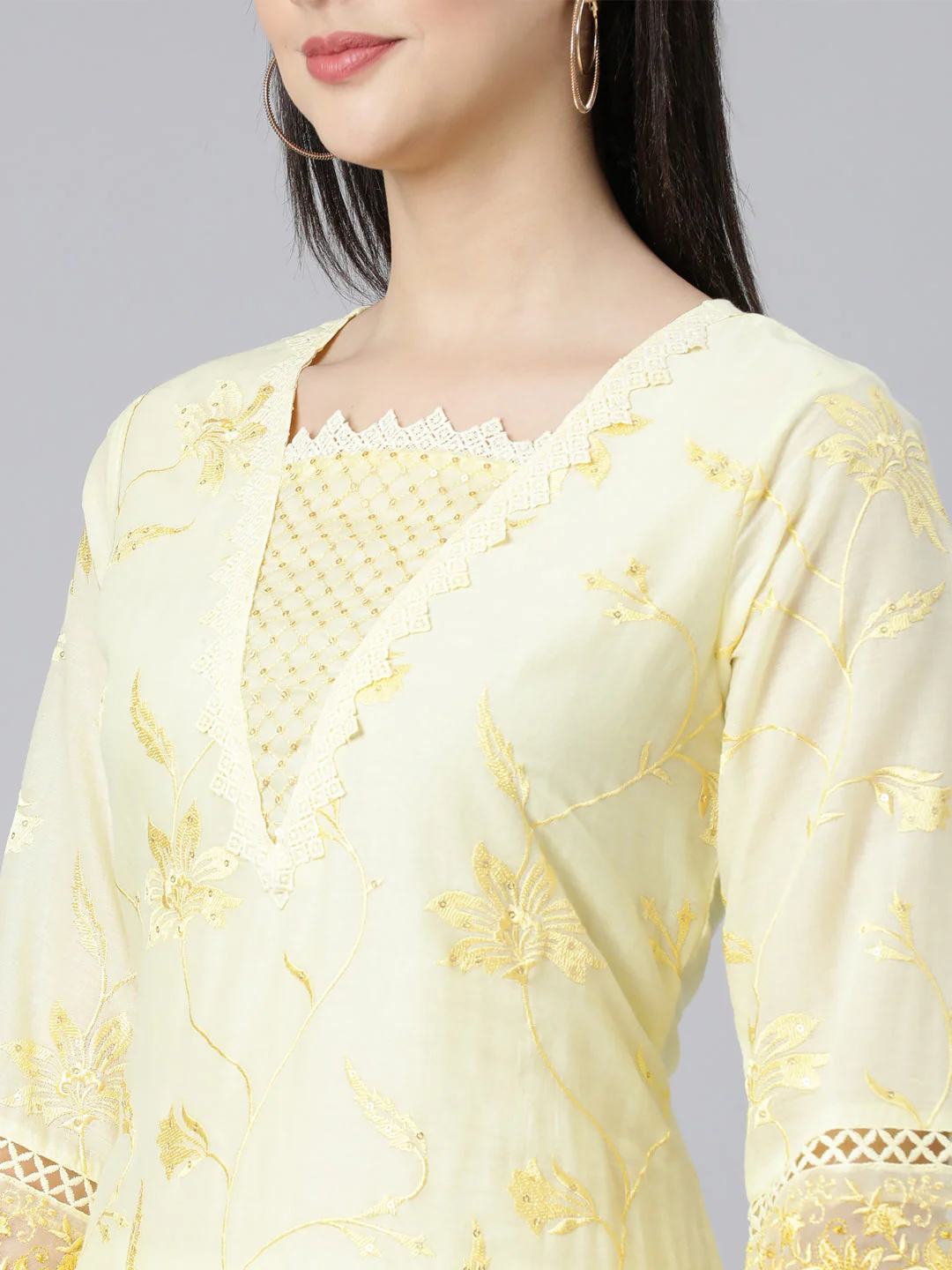 Neerus Yellow Panelled Straight Yoke Design Kurta And Trousers With Dupatta - Image 5