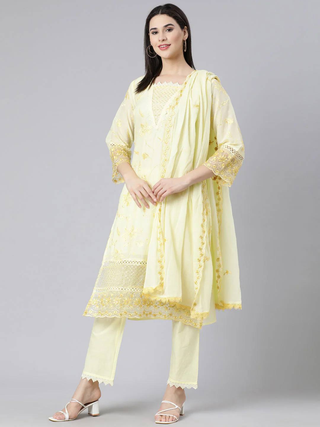Neerus Yellow Panelled Straight Yoke Design Kurta And Trousers With Dupatta - Image 6