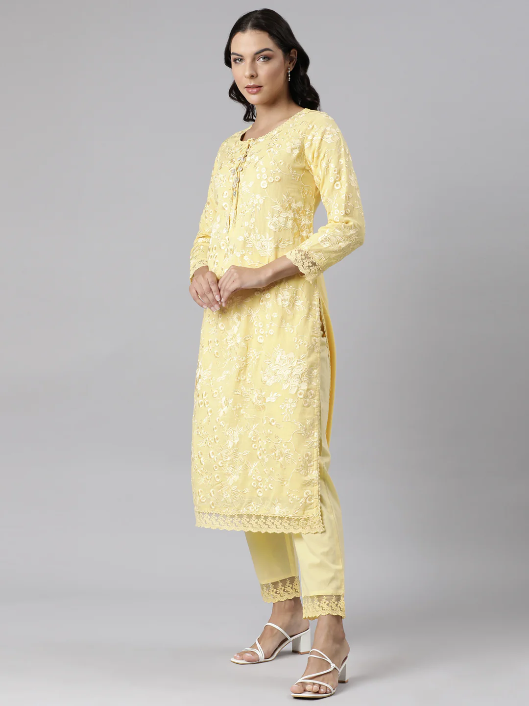 Neerus Yellow Panelled Straight Yoke Design Kurta And Trousers With Dupatta - Image 2