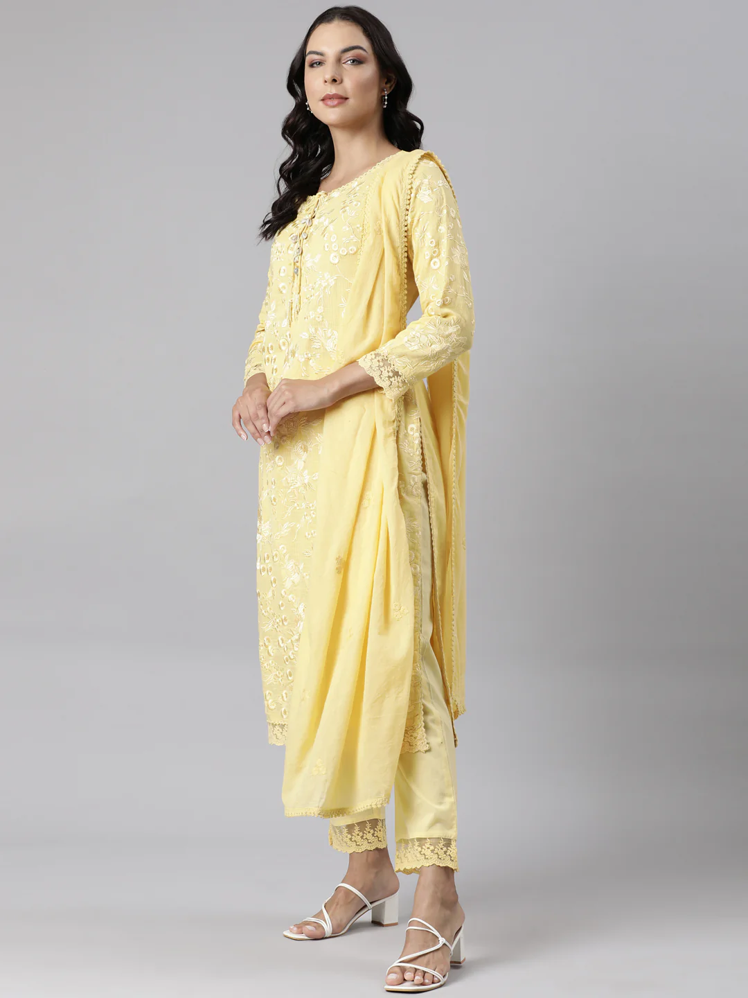 Neerus Yellow Panelled Straight Yoke Design Kurta And Trousers With Dupatta - Image 6