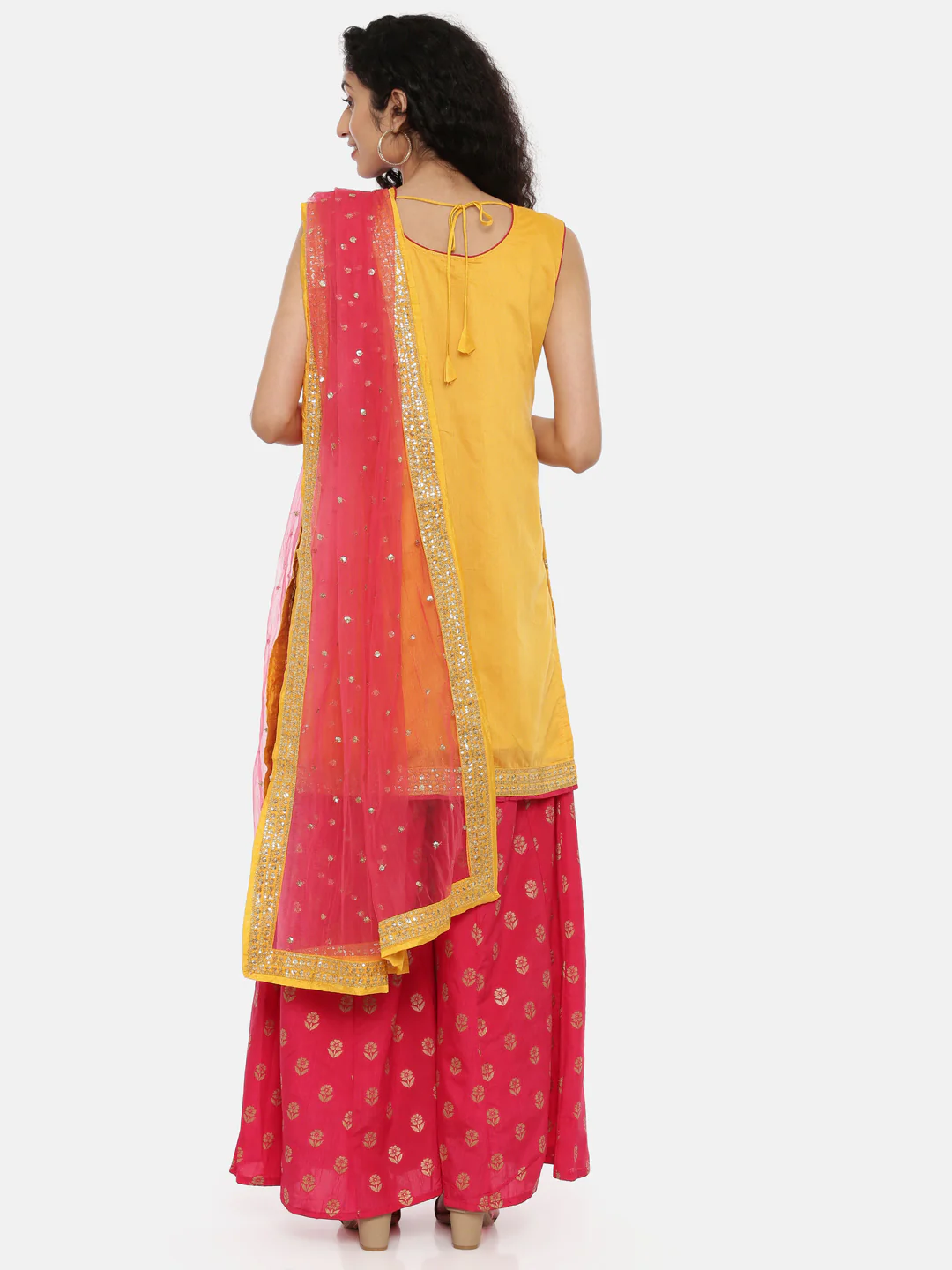 Neerus Yellow & Pink Embellished Kurta With Palazzo & Dupatta - Image 3