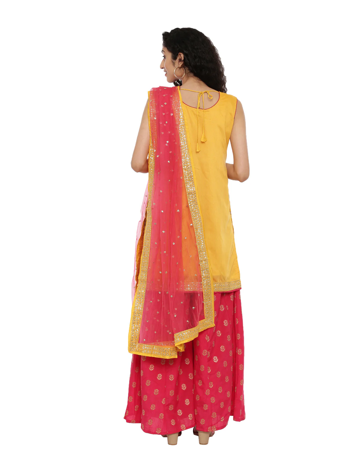 Neerus Yellow & Pink Embellished Kurta With Palazzo & Dupatta - Image 4