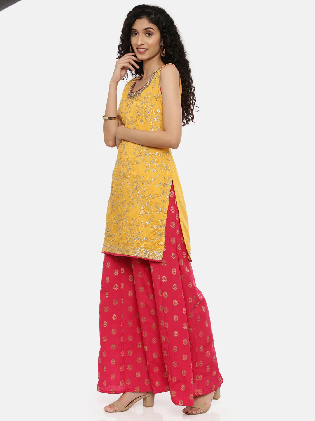 Neerus Yellow & Pink Embellished Kurta With Palazzo & Dupatta - Image 5