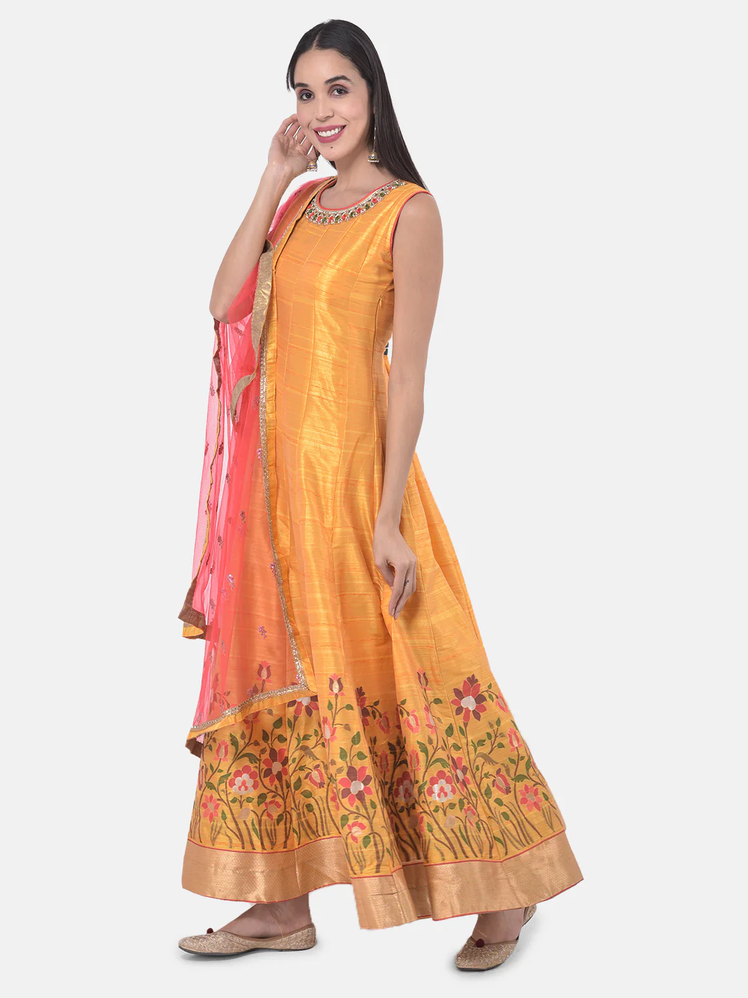 Neerus Yellow & Pink Printed Anarkali Kurta With Dupatta - Image 2