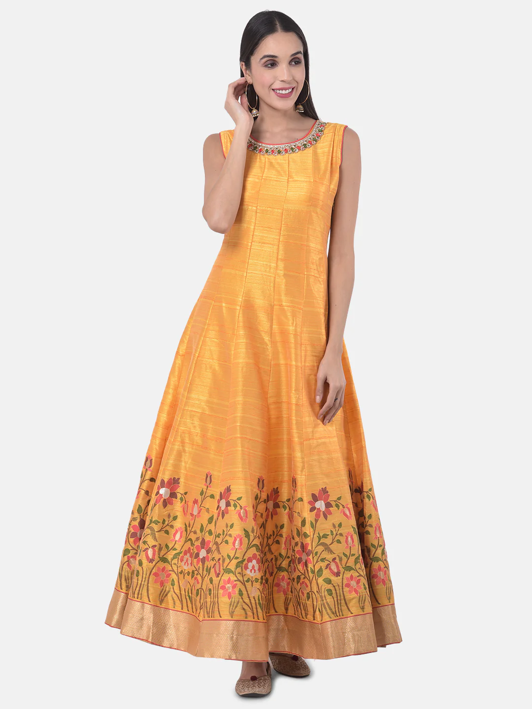 Neerus Yellow & Pink Printed Anarkali Kurta With Dupatta - Image 7
