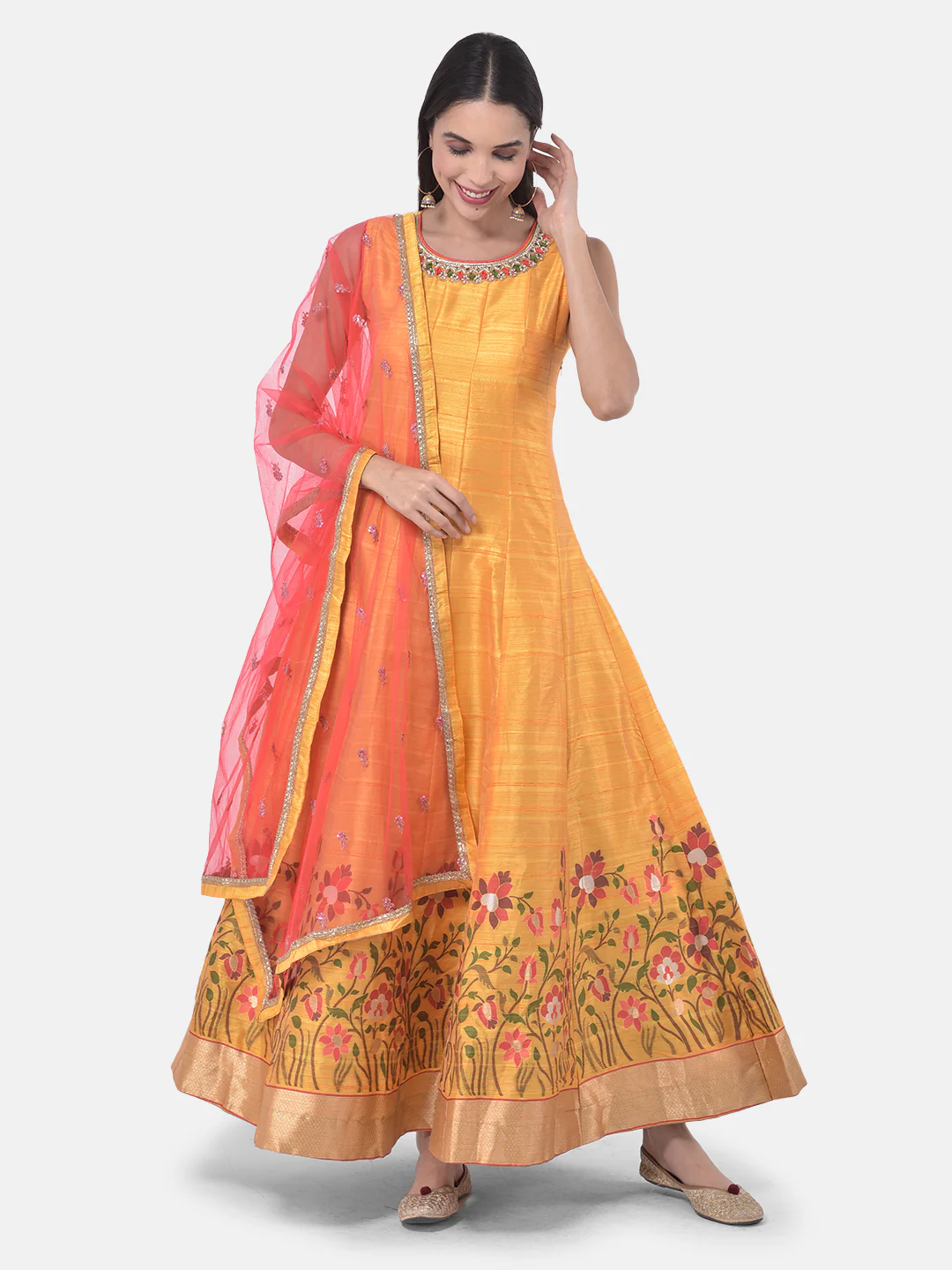 Neerus Yellow & Pink Printed Anarkali Kurta With Dupatta - Image 8