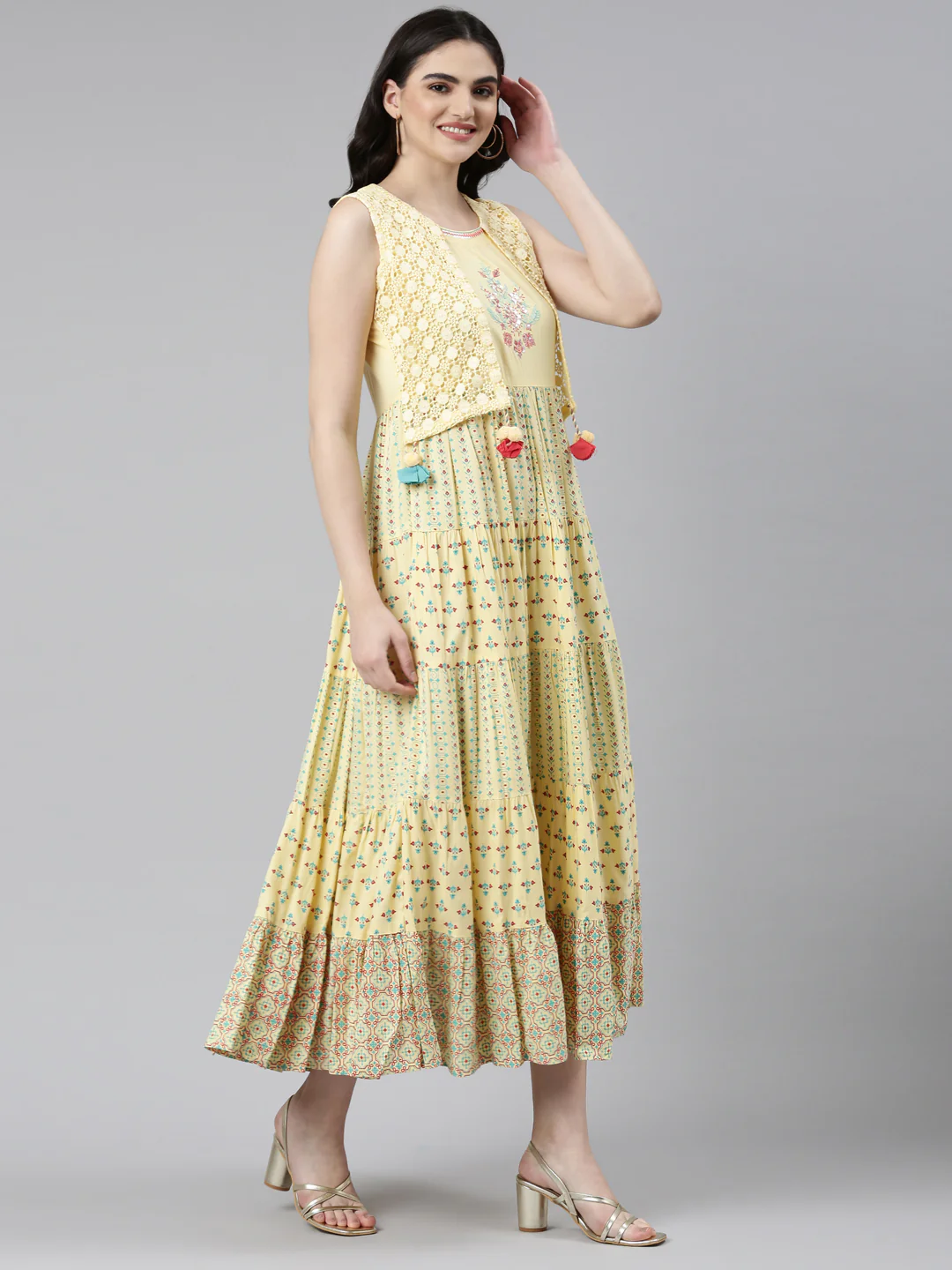 Neerus Yellow Pleated Anarkali Solid Kurta - Image 2