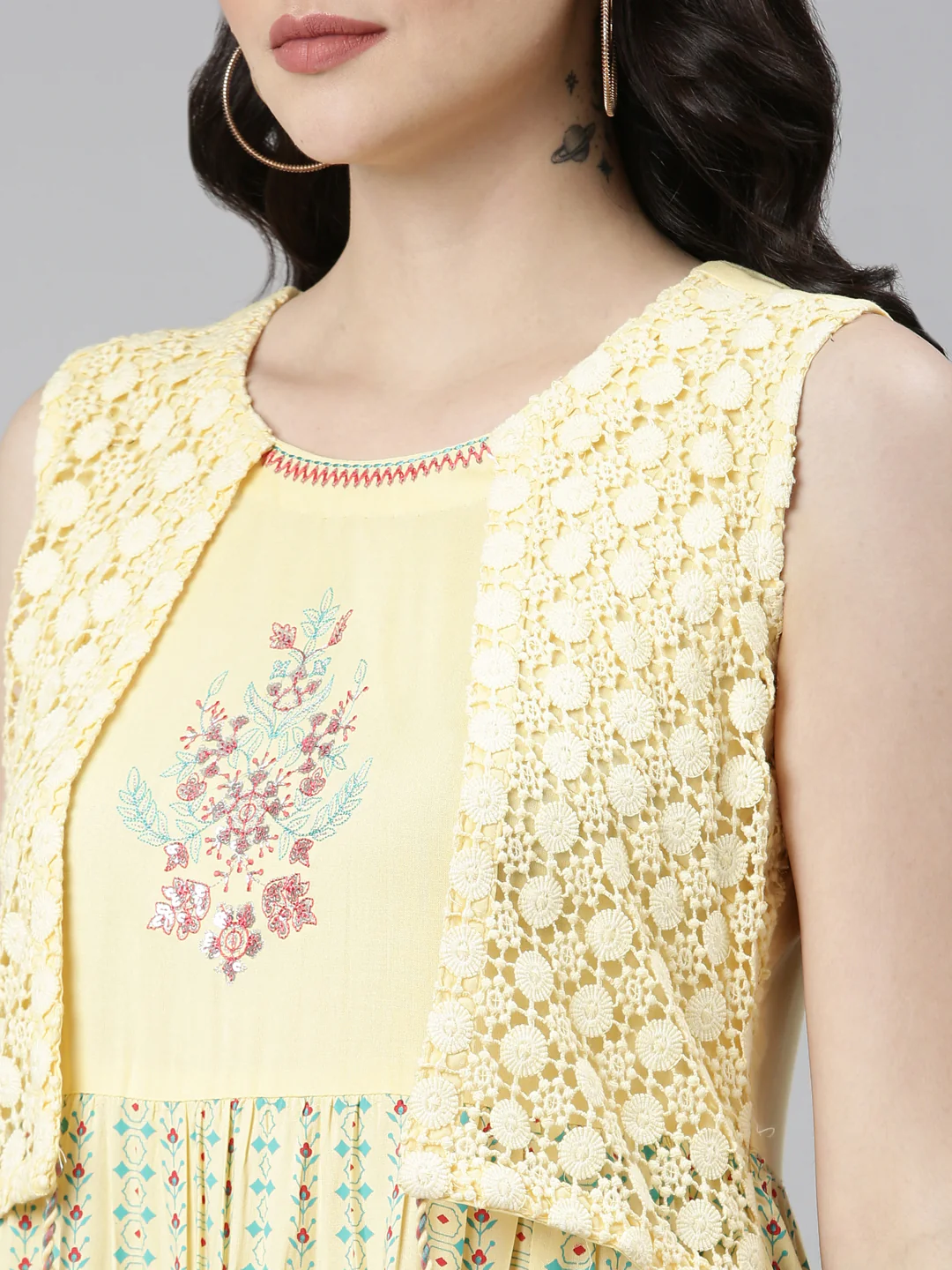 Neerus Yellow Pleated Anarkali Solid Kurta - Image 4