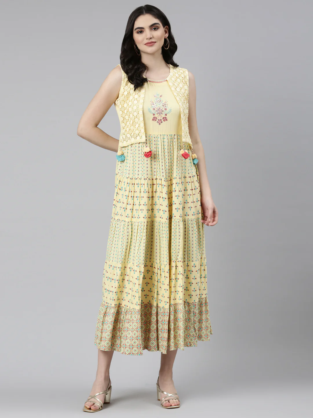 Neerus Yellow Pleated Anarkali Solid Kurta - Image 5