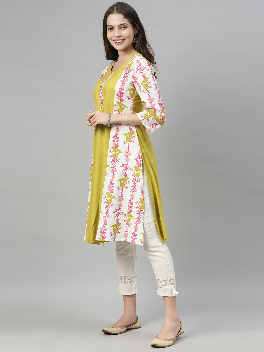 Neerus Yellow Printed A Line Kurta - Image 3
