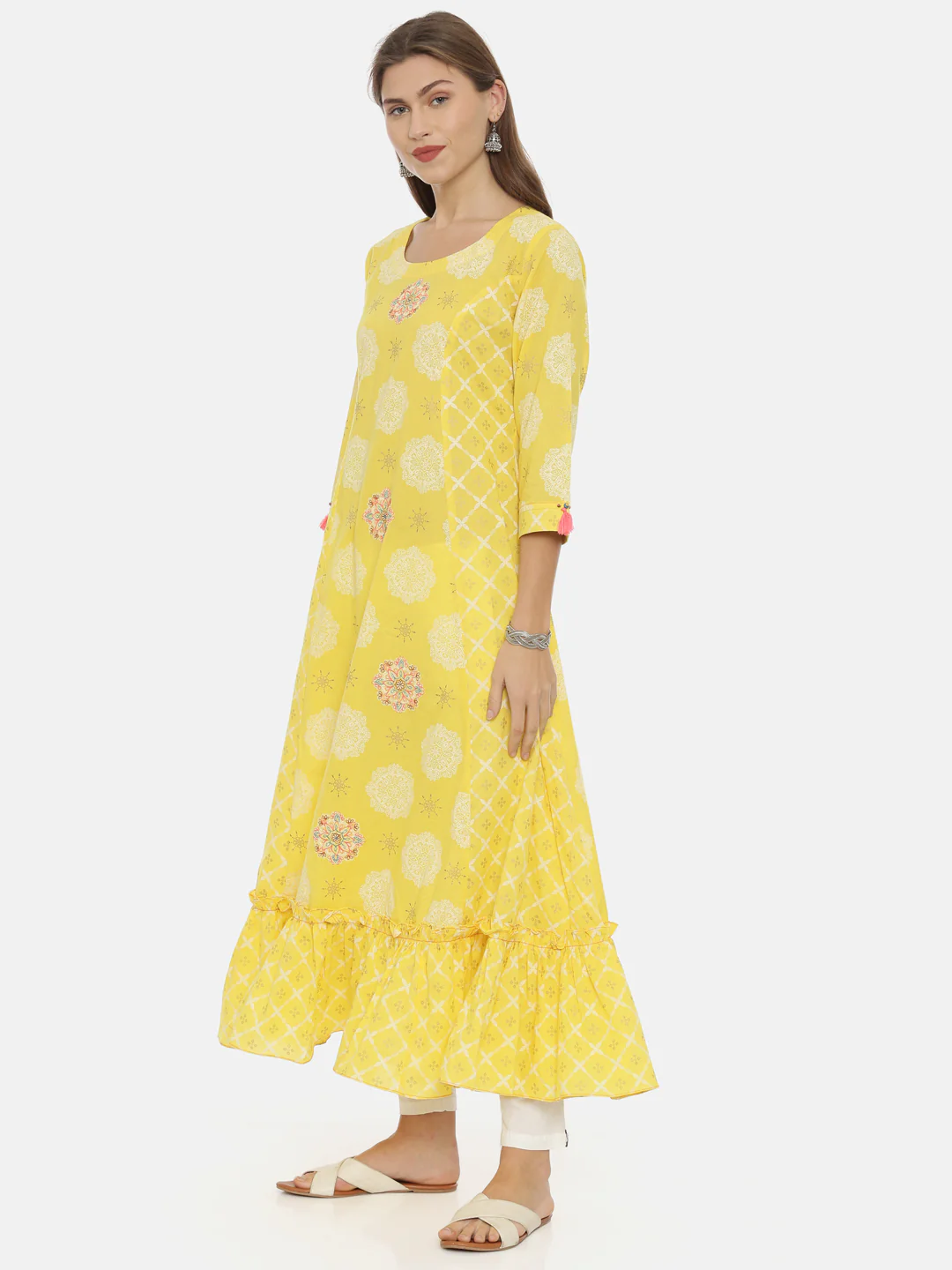 Neerus Yellow Printed Anarkali Kurta - Image 3