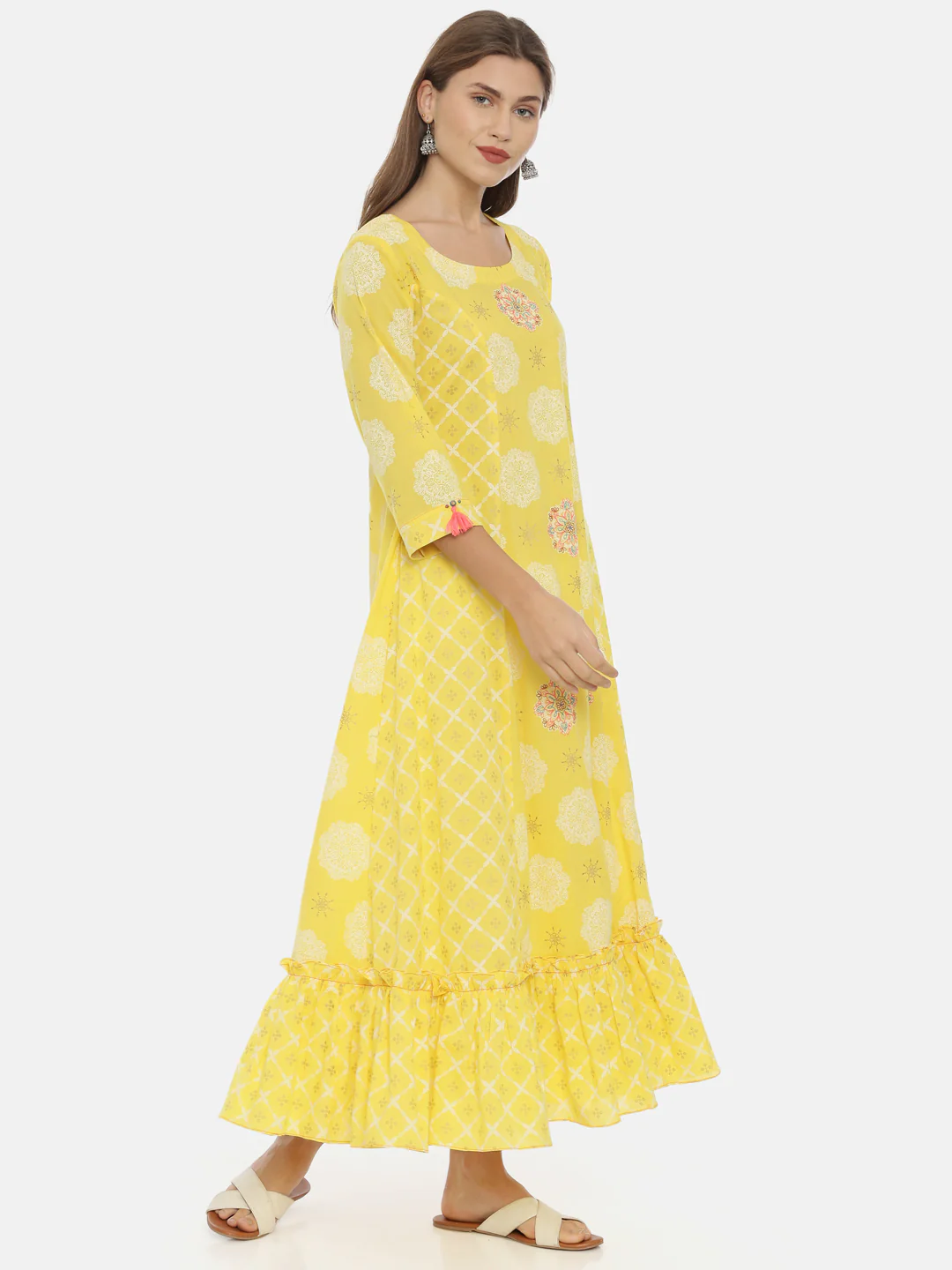 Neerus Yellow Printed Anarkali Kurta - Image 4