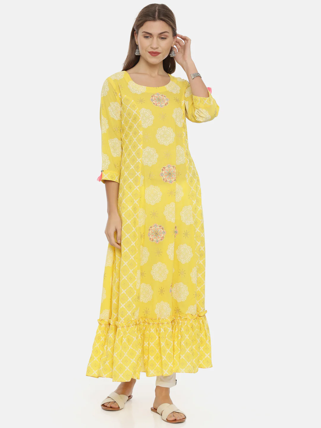Neerus Yellow Printed Anarkali Kurta - Image 6