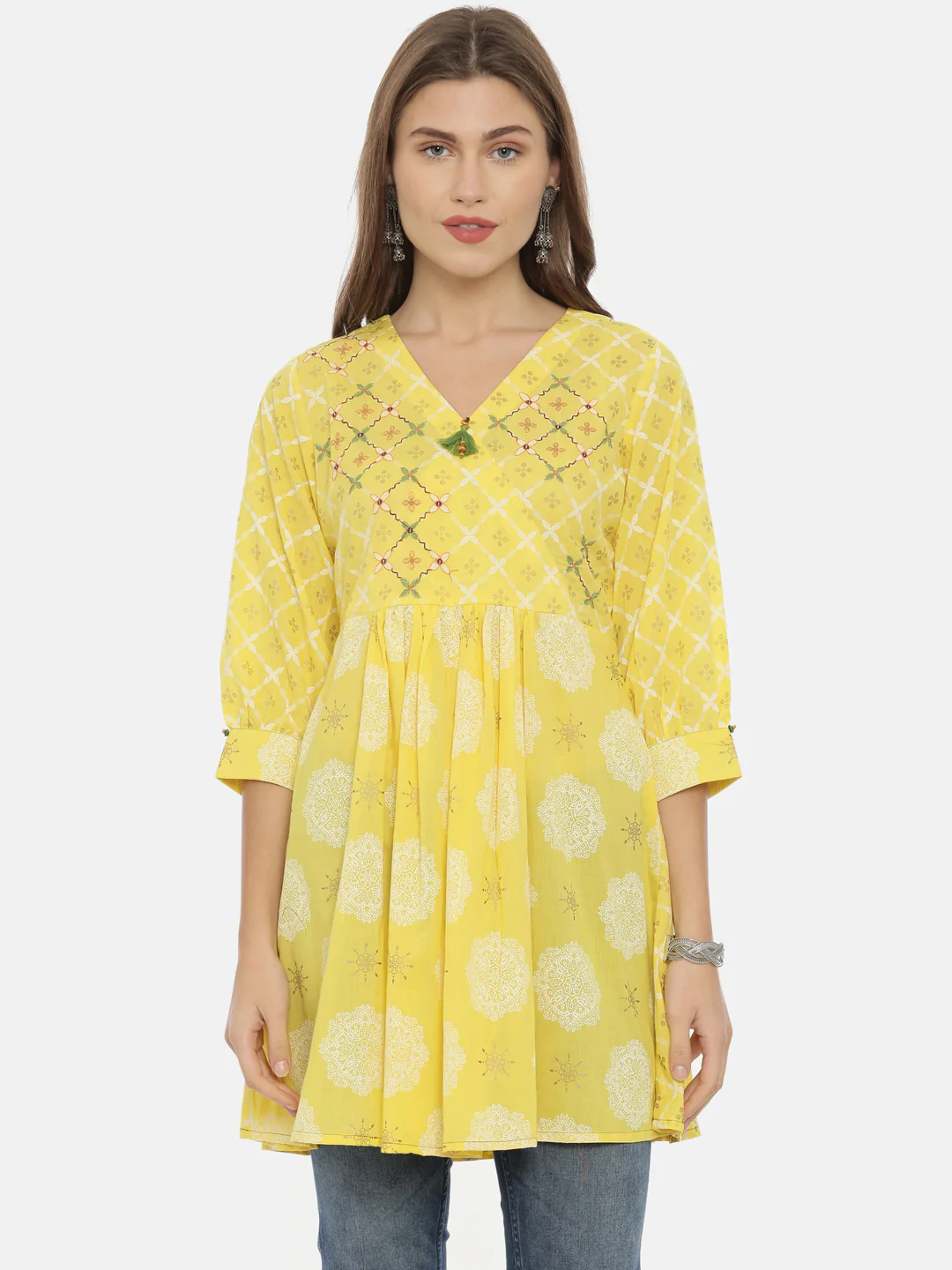 Neerus Yellow Printed Flared Kurta - Image 2