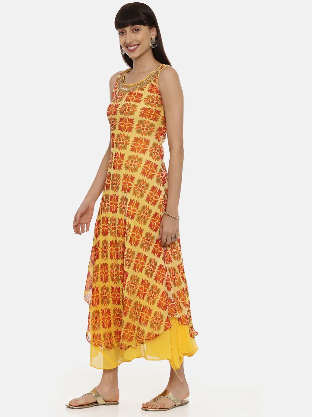 Neerus Yellow Printed High Low Double Layered Kurta - Image 3