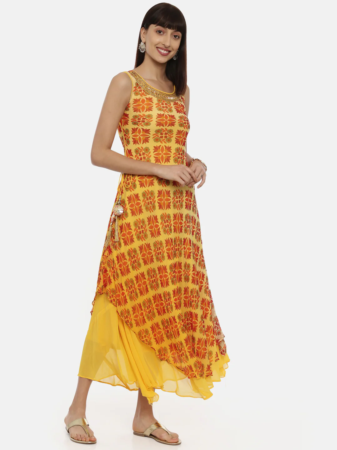 Neerus Yellow Printed High Low Double Layered Kurta - Image 4