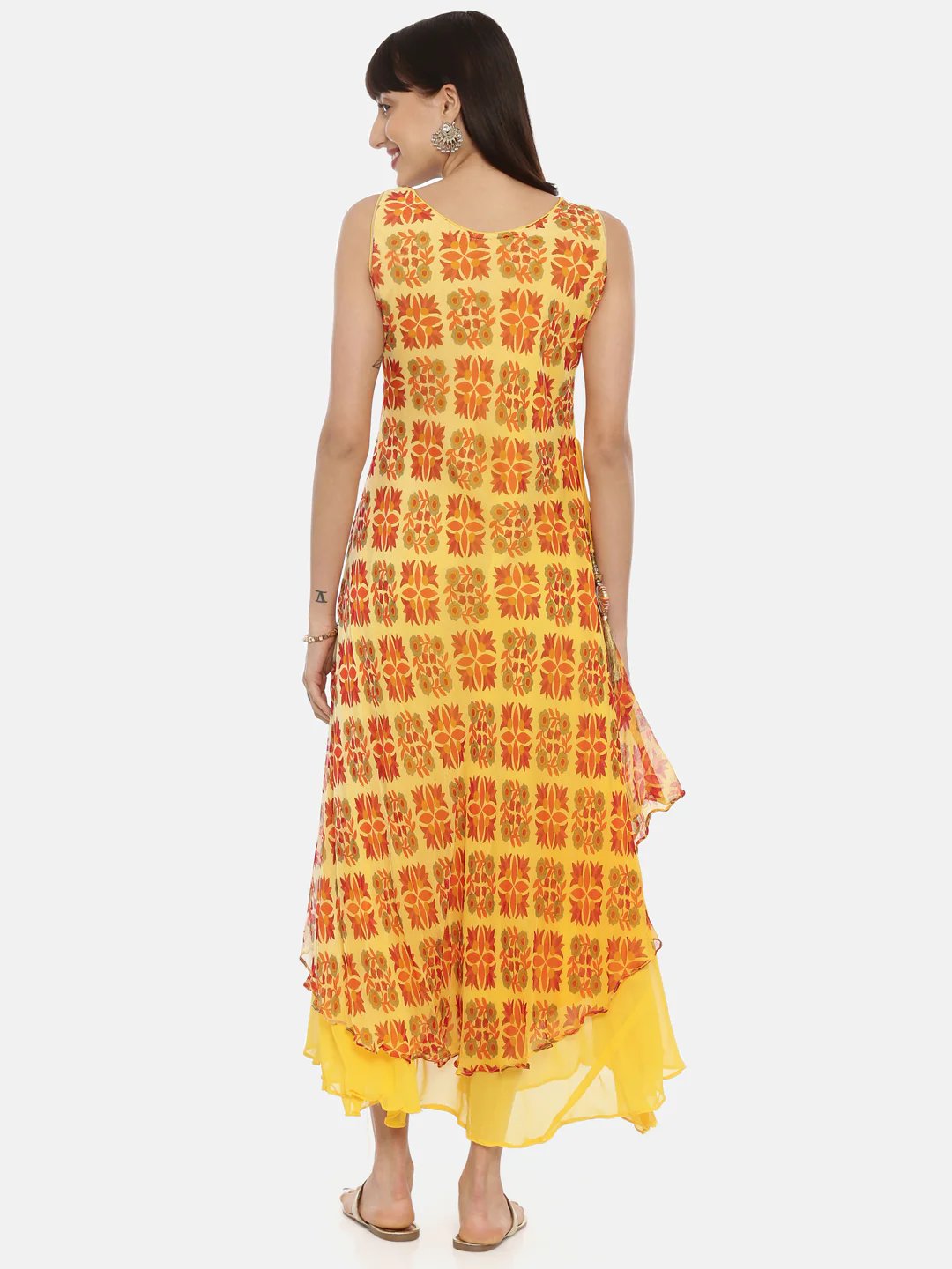 Neerus Yellow Printed High Low Double Layered Kurta - Image 5