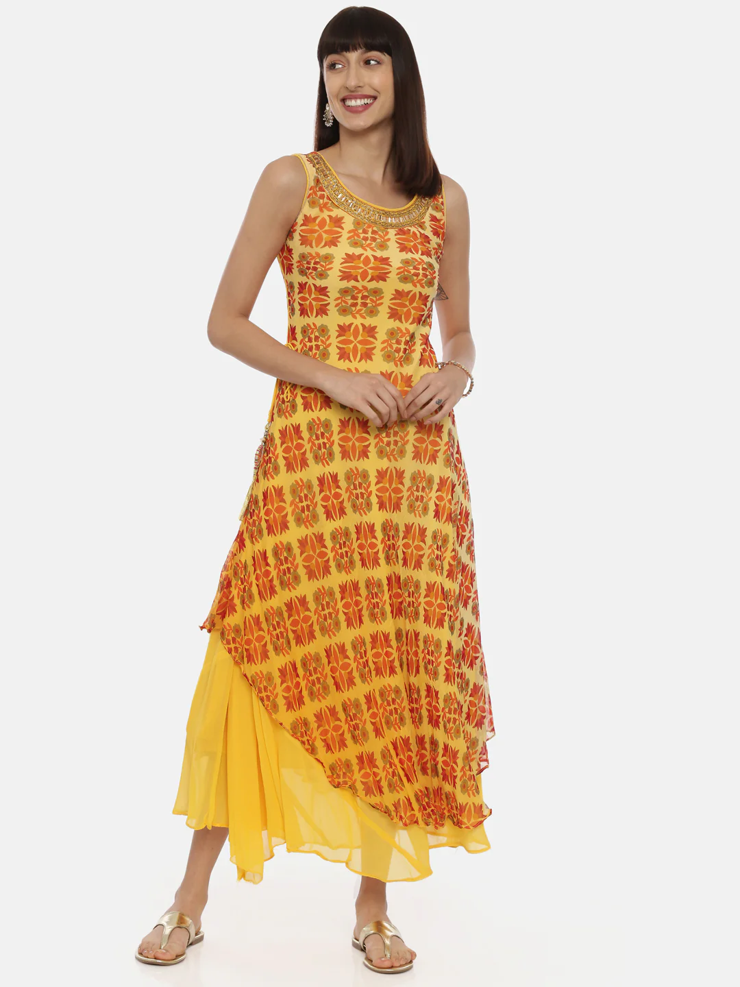 Neerus Yellow Printed High Low Double Layered Kurta - Image 6