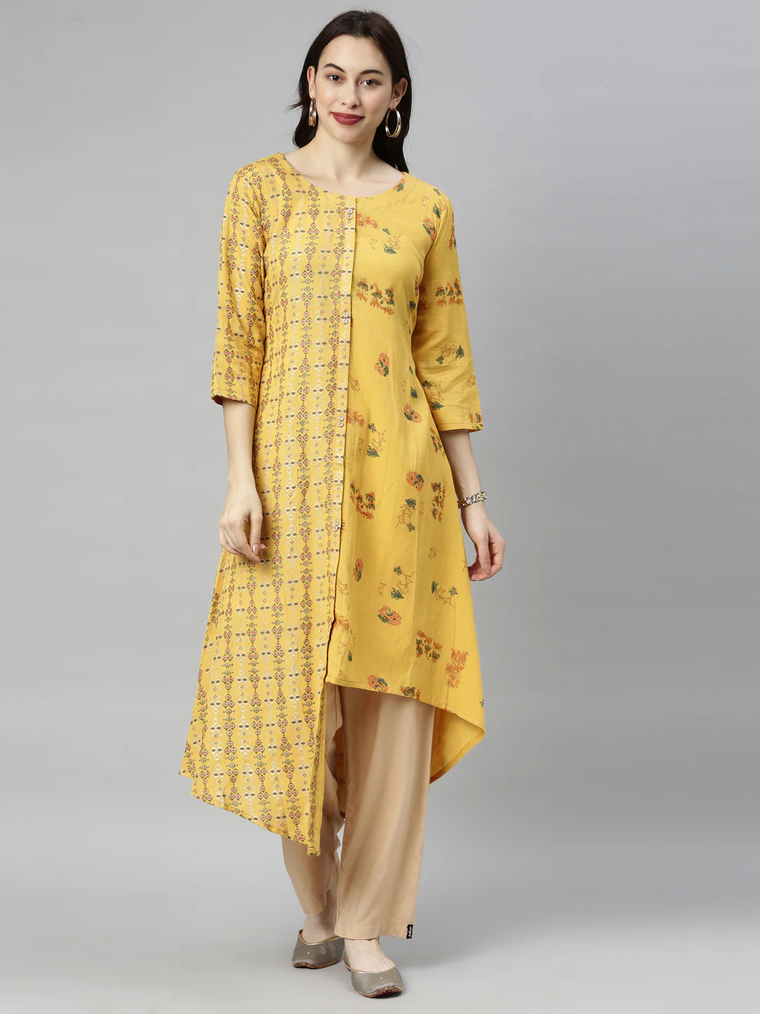 Neerus Yellow Printed High Low Kurta