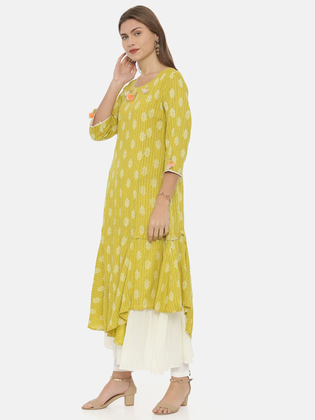 Neerus Yellow Printed High Low Kurta - Image 3